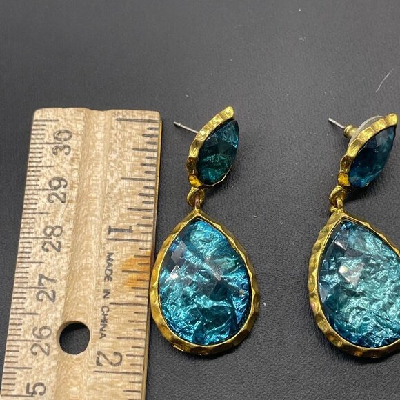 Amrita Singh Blue Glass Look Teardrop Dangle Drop Earrings Gold Tone Evening - Picture 4 of 6